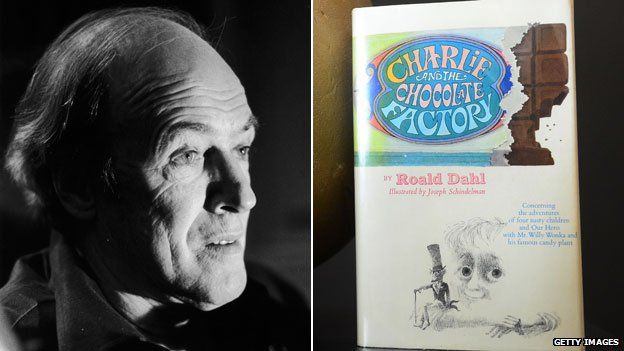 Roald Dahl and a first edition of Charlie and the Chocolate Factory