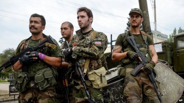 Supporters of Pro-Russian rebels in Donetsk, eastern Ukraine, 18 August 2014