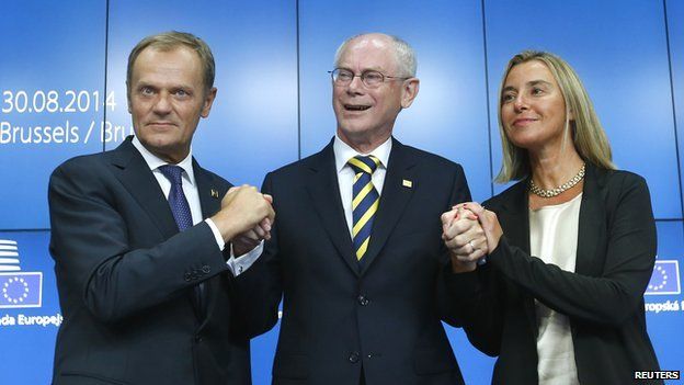Polish PM Donald Tusk, Herman Van Rompuy, Italy's Federica Mogherini, 30 Aug 14