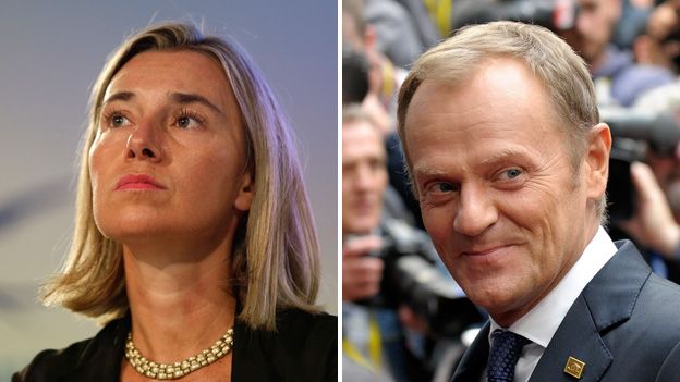 Italy's Foreign Minister Federica Mogherini and Polish PM Donald Tusk, 30 Aug 14
