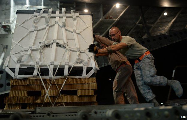 US Air Force Central Command where troops assemble aid packages headed for Amerli in Iraq 31 August 2014