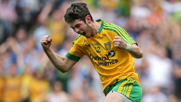 Ryan McHugh celebrates one of his two Donegal goals in the stunning win over Dublin