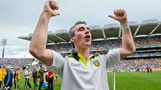 Jim McGuinness celebrates after Donegal's shock All-Ireland Football semi-final win over Dublin at Croke Park