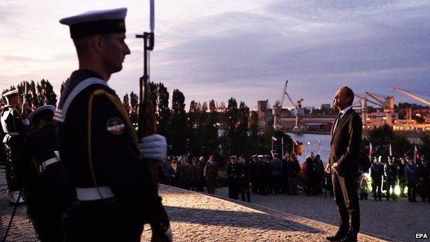 Polish Prime Minister Donald Tusk (right) attends commemorations of the 75th anniversary of the outbreak of World War Two at the Westerplatte memorial in Gdansk, northern Poland, 1 September 2014