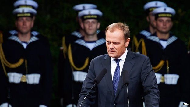 Polish Prime Minister Donald Tusk (C-R) attends commemorations of the 75th anniversary of the outbreak of World War Two at the Westerplatte memorial in Gdansk, northern Poland, 1 September 2014