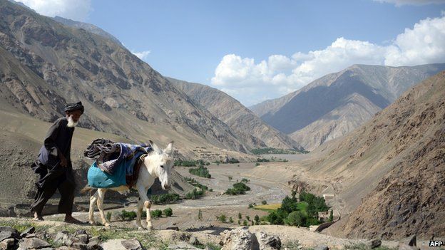 File photo: An Afghan villager uses his donkey to carry aid received from the Afghanistan National Army (ANA) in the Guzirga i-Nur district of Baghlan province on June 8, 2014