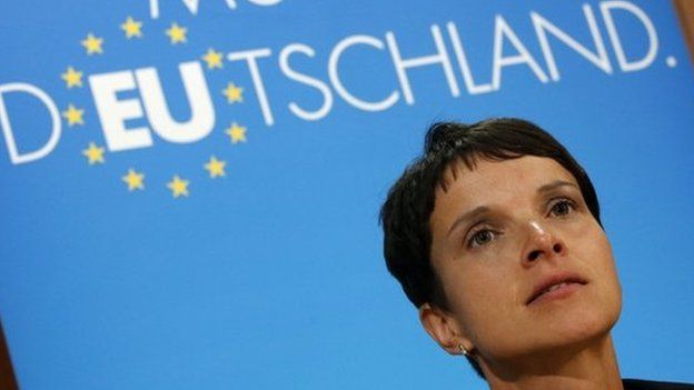 Frauke Petry, lead AfD candidate in Saxony, addresses reporters on 1 September