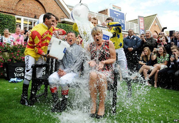 Frankie Dettori and Clare Balding do the ice bucket challenge