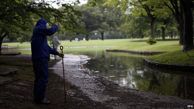 A worker hits a stake to fix a fence around a pond at Yoyogi Park in central Tokyo, Japan, on 1 September 2014