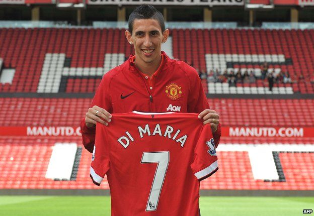 Angel Di Maria holding his Manchester United shirt