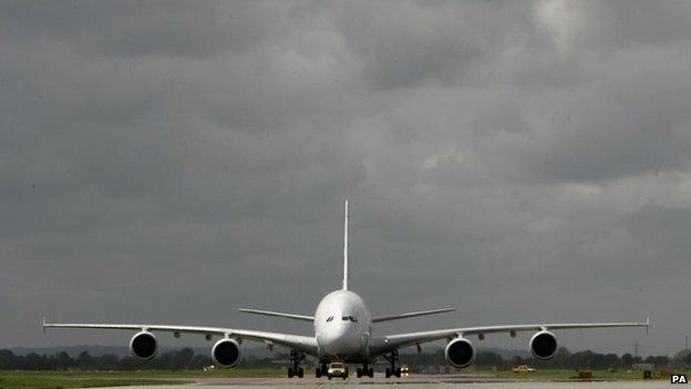The world's biggest passenger airliner, the giant 555-seater Airbus A380, arrives at London's Heathrow airport