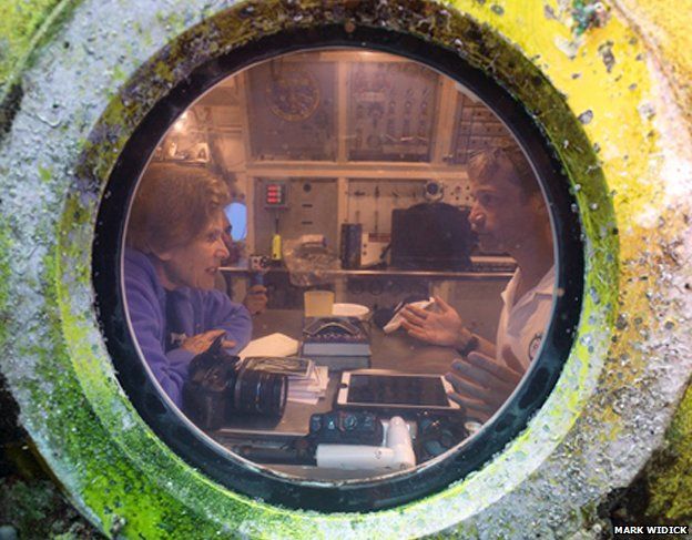 Sylvia Earle and Fabien Cousteau inside Aquarius