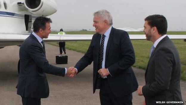 First Minister Carwyn Jones and Welsh Secretary Stephen Crabb welcome Nato Secretary General Anders Fogh Rasmussen