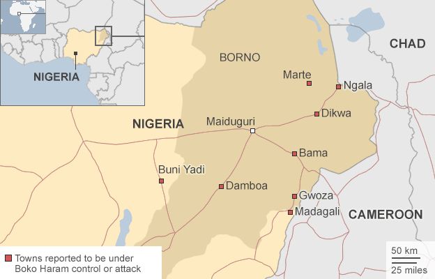 Map of north-eastern Nigeria showing towns held by Boko Haram