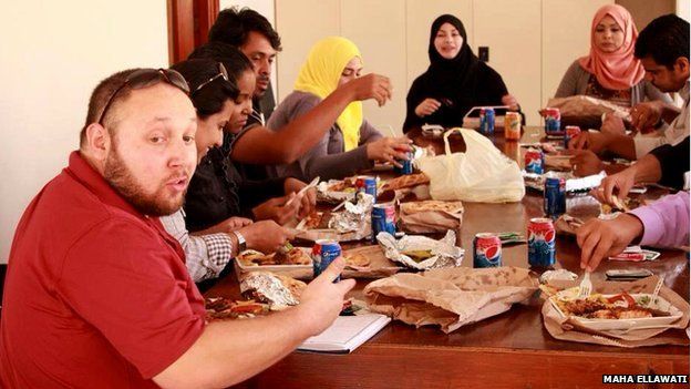 Steven Sotloff pictured having lunch with trainee journalists in Benghazi, Libya - 21 January 2012