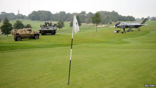 Military vehicles on the golf course of the Celtic Manor Hotel (3 September 2014)