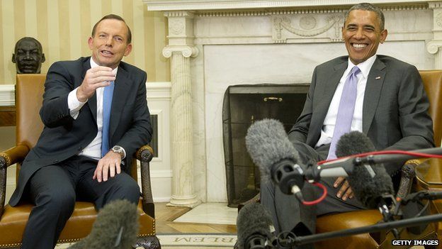 President Barack Obama and Prime Minister Tony Abbott of Australia meet with reporters following a bilateral meeting in the Oval Office the White House on 12 June, 2014