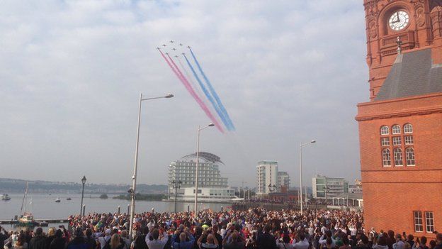 Crowds gathered at Cardiff Bay to watch the fly past