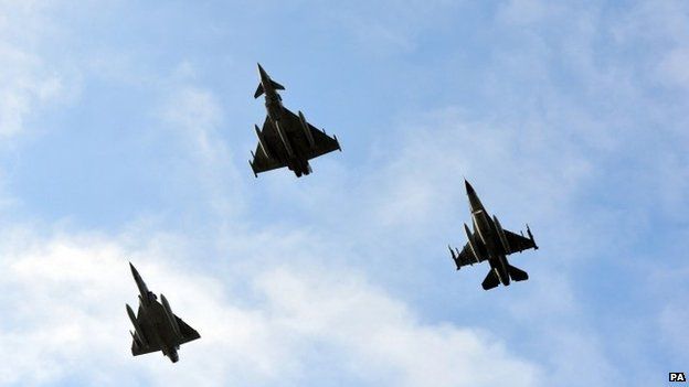 French Mirage 2000c, British Typhoon and Danish F16 fly over the Nato summit in Wales, 5 September 2014
