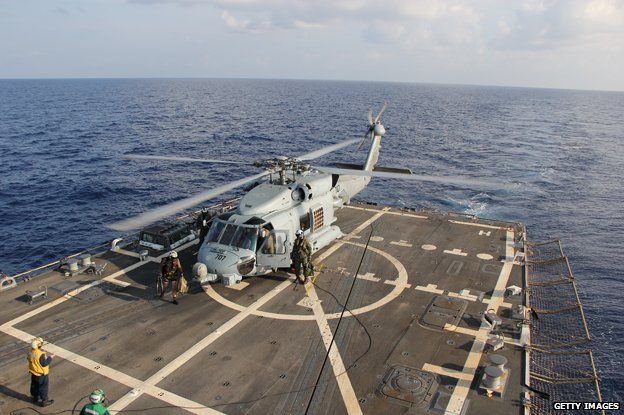 US Sea Hawk helicopter assigned to the guided-missile Destroyer USS Pinckney (DDG 91), in the search and rescue for MH370 in the Gulf of Thailand