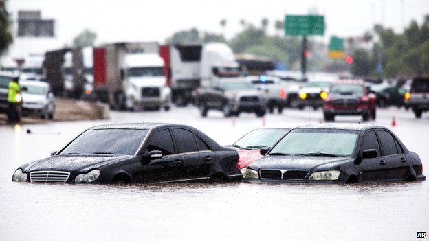 Cars flooded on a highway in Arizona