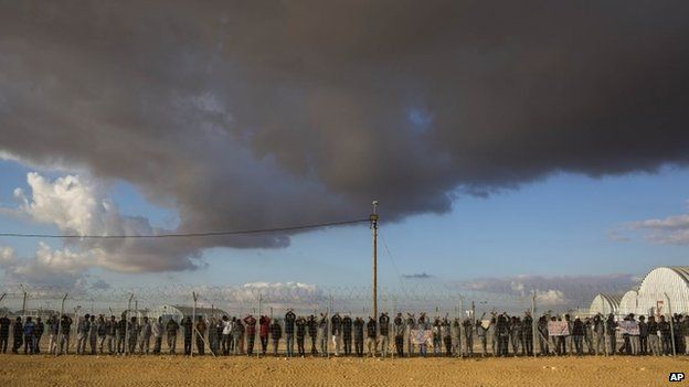 African migrants stand inside the Holot facility in Israel's Negev desert (17 February 2014)