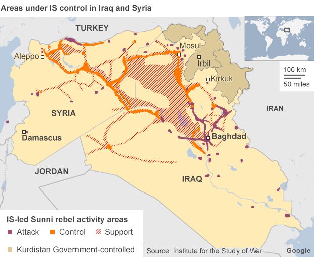 Map showing areas under IS control in Iraq and Syria (9 September 2014)