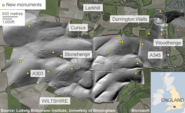 Map of new monuments discovered near Stonehenge