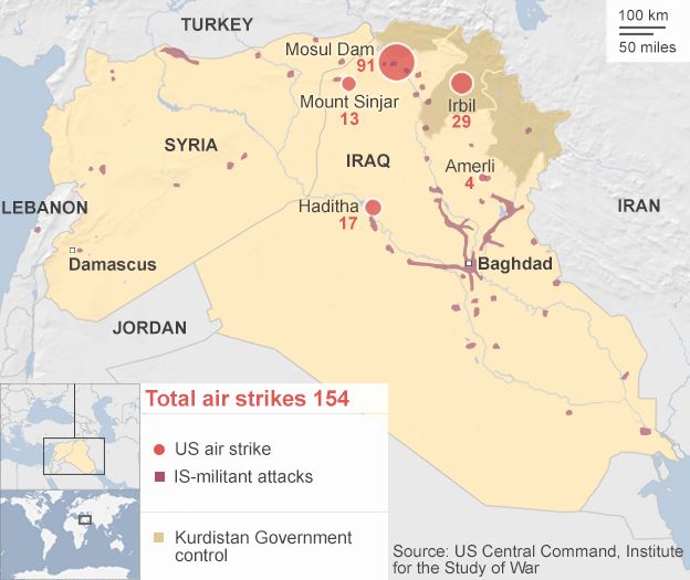 Graphic of US air strikes on Iraq and Islamic State attacks