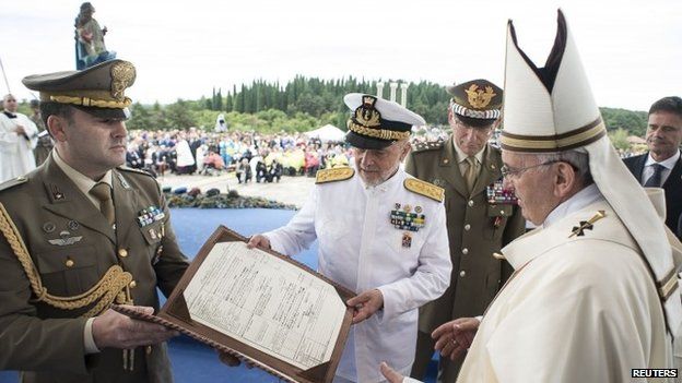 Pope Francis during a mass at Redipuglia military cemetery in Italy on 13 September 2014