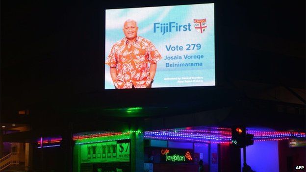 An electronic election banner of Fiji's military strongman Voreqe Bainimarama is seen in Suva