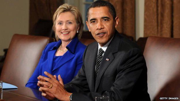 US President Barack Obama (R) speaks alongside Secretary of State Hillary Clinton as he delivers remarks about former Sen. George Mitchell's (D-ME) upcoming trip to the Middle East, in the White House in Washington, DC 26 January 2009