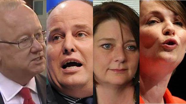 (o'r chwith) Leighton Andrews, Andrew RT Davies, Leanne Wood a Kirsty Williams