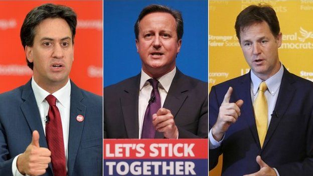 Ed Miliband, Daibhidh Camshron agus Nick Clegg