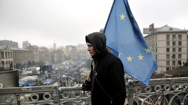 Man walks in Kiev with EU flag (1 March)