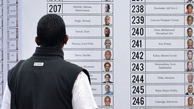 A man looks at the list of candidates for the up coming election in Suva, the capital of Fiji on 15 September 2014