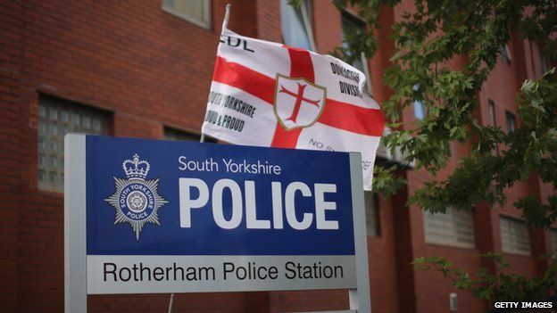 English Defence League flag at Rotherham Police Station