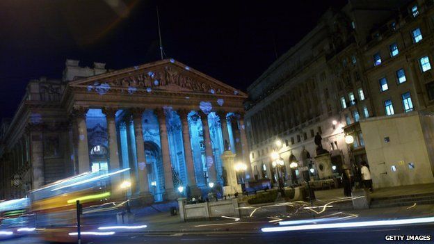 Artwork lights up the Royal Exchange as part of a number of switch-on ceremonies leading up to Christmas on December 22, 2003 in London.