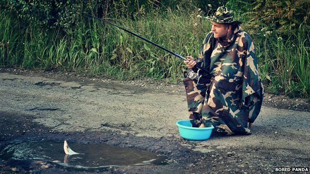 Man fishing in pothole