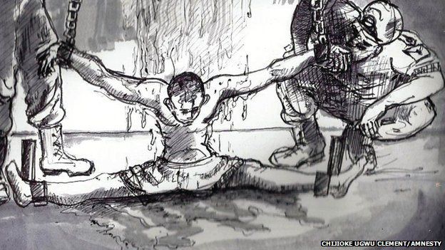 An artist's drawing portraying water torture in Nigeria