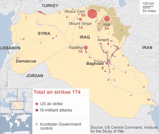 Map showing US air strikes in Iraq