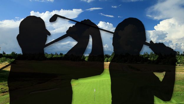 Two contenders for the 'greatest Ryder Cup player' silhouetted against a golf course backdrop