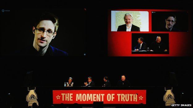 Edward Snowden, Julian Assange, Internet Party leader Laila Harre, Robert Amsterdam, Glenn Greenwald at Kim Dotcom's "Moment of Truth" rally