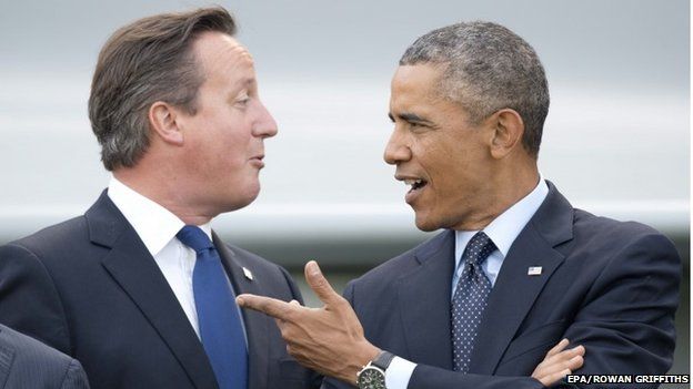 US President Barack Obama (right) and British Prime Minister David Cameron together at the 2014 NATO summit in Newport, south Wales on 5 September 2014.