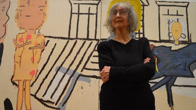 Rose Wylie with her painting PV Windows and Floorboards