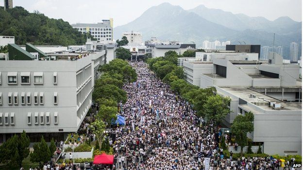 Students gather during a strike at the Chinese University of Hong Kong on 22 September 2014.