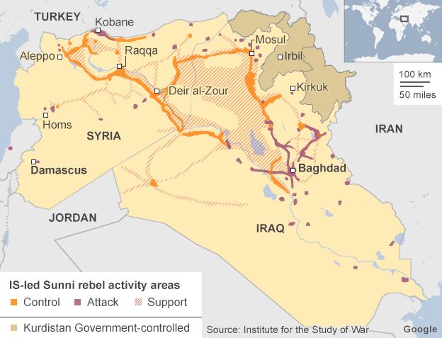 Map shows Iraq and Syria, areas under IS control
