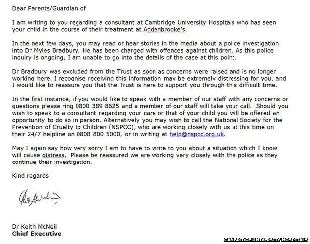 Addenbrooke's Hospital letter to patients about Myles Bradbury