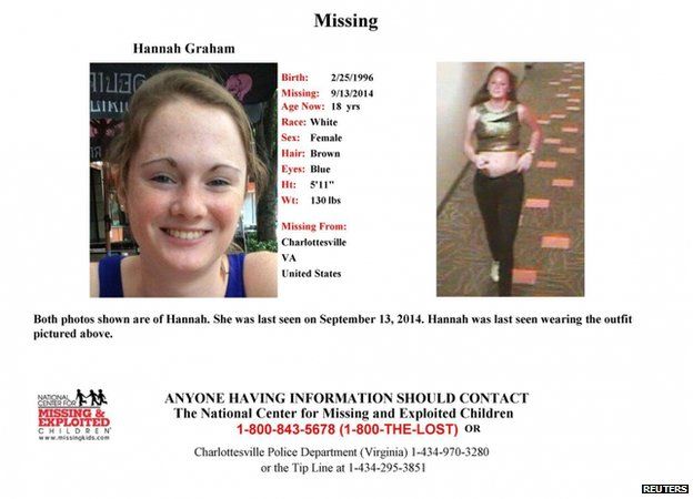 Hannah Graham is shown in a missing persons poster released by Charlottesville Police Dept. in Charlottesville, Virginia, on 18 September 2014