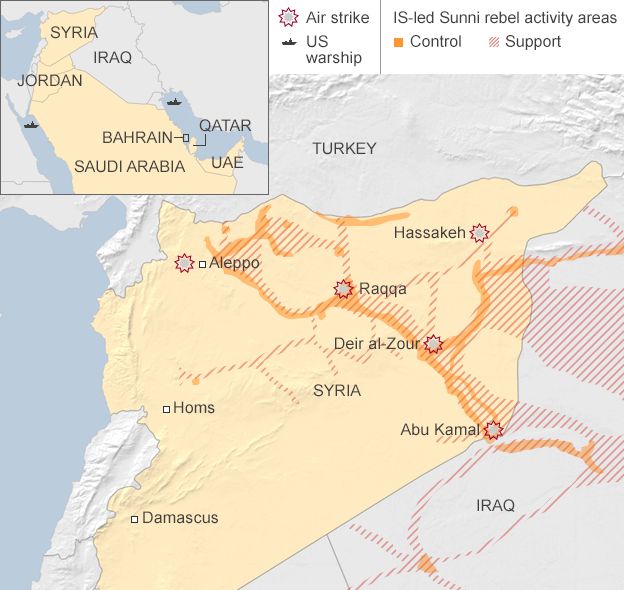 Map showing US-led air strikes on IS targets in Syria and the Arab states that supported them - 23 September 2014